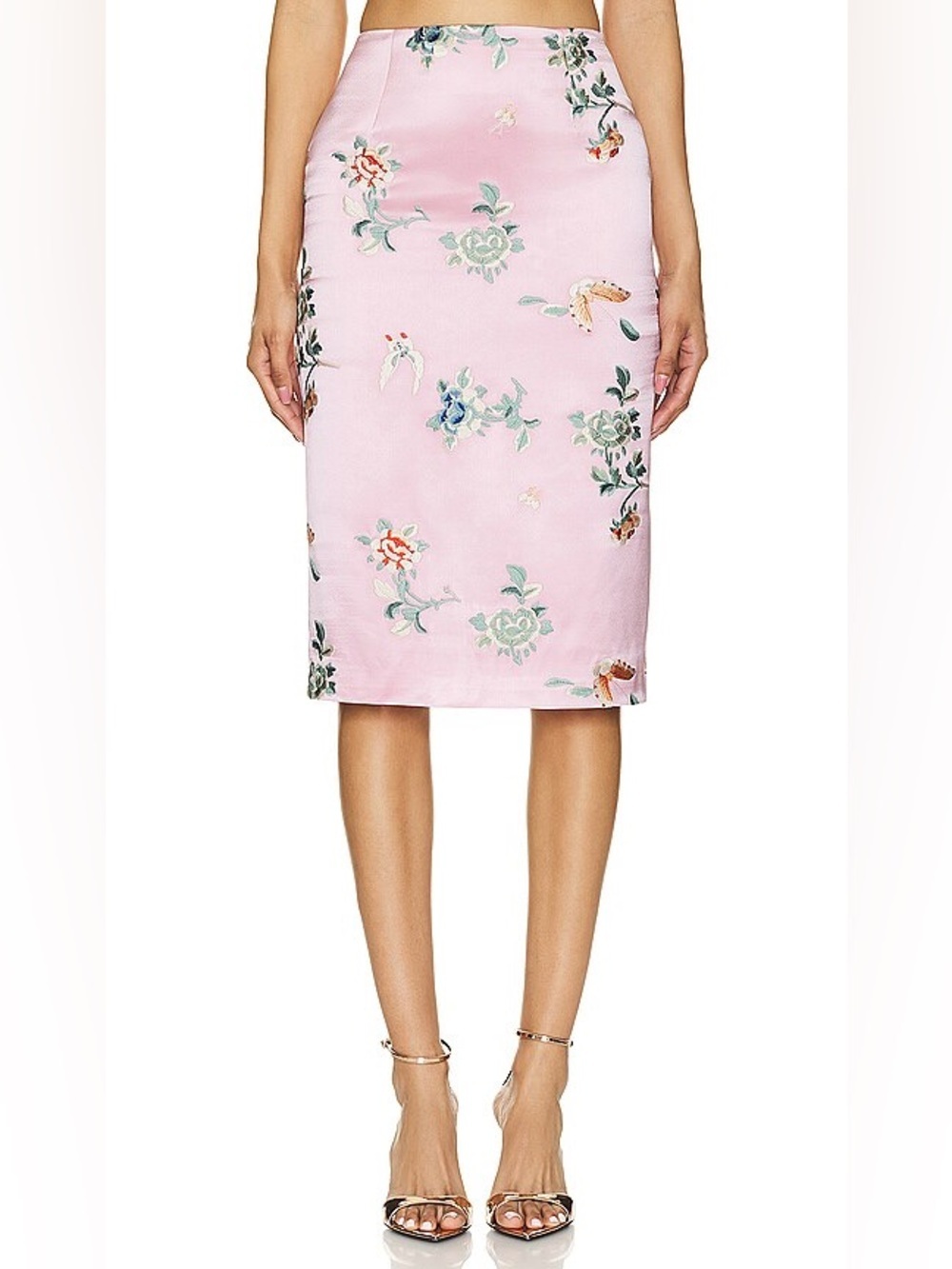 KIM SHUI 100% Silk Embroidered Floral Midi Skirt